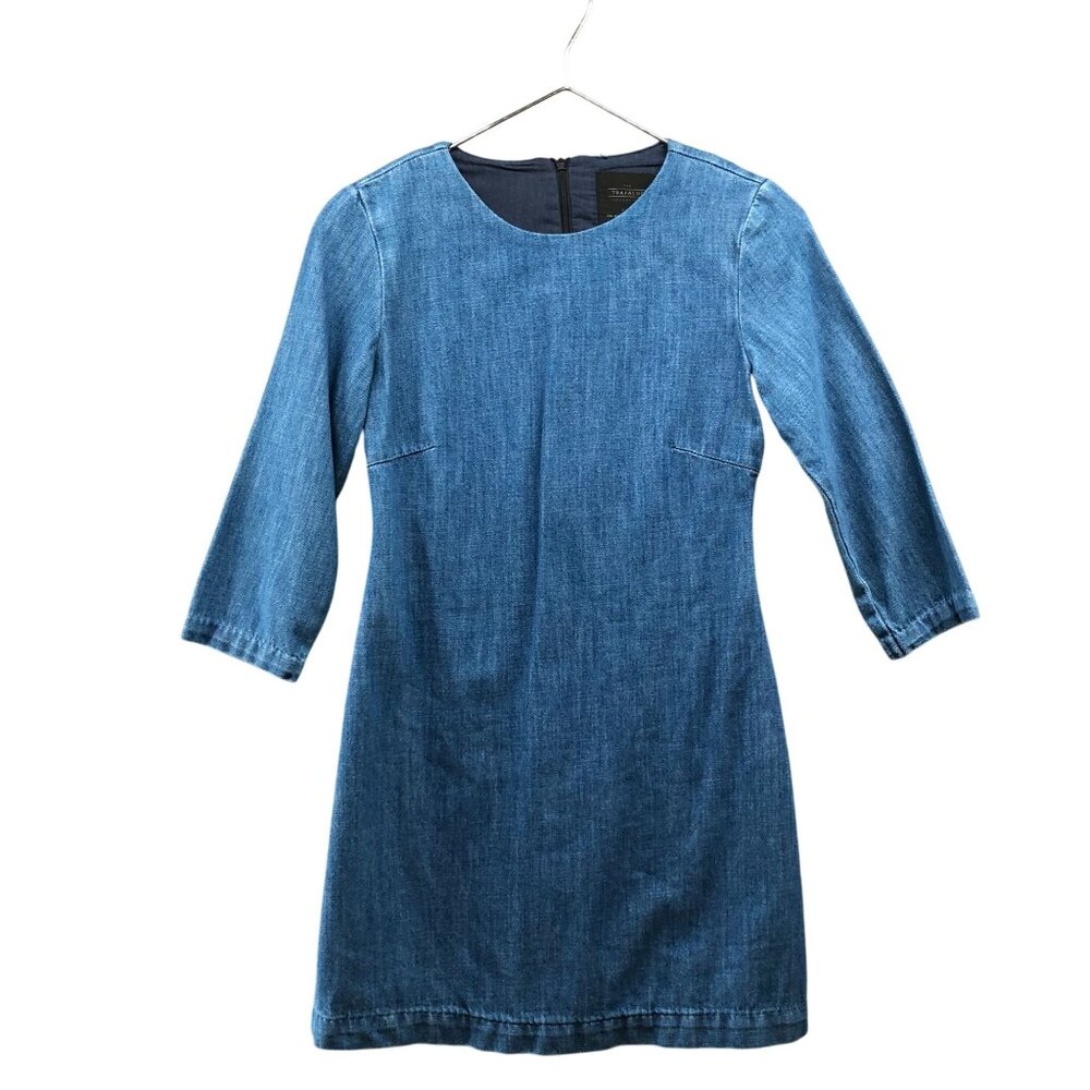 Zara Denim Mini Dress Womens XS Blue 3/4 Sleeve‎ Crewneck Fitted Minimalist
